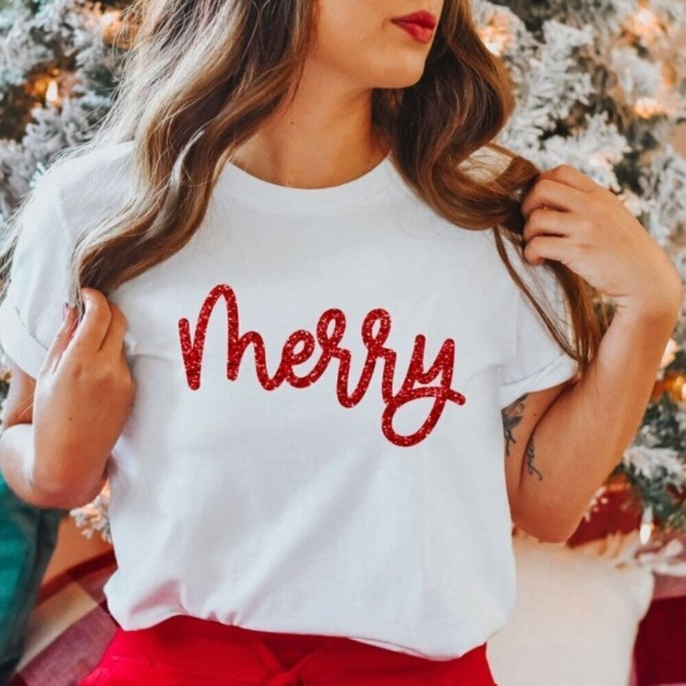 Merry Shirt Glitter Merry Tshirt Holiday Shirts
